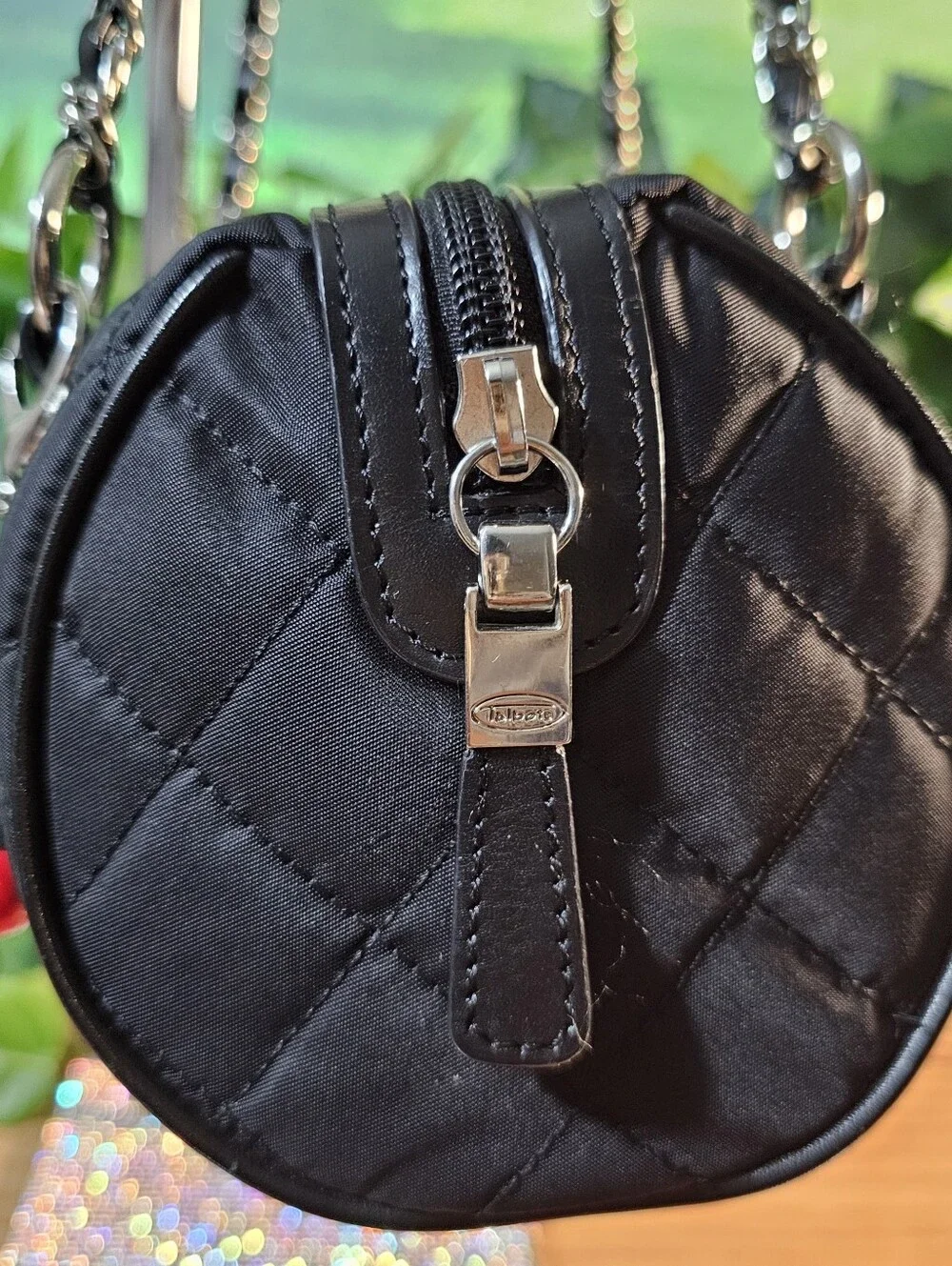 Talbots Black Quilted Barrel Bag Nylon Leather Trim Silver Hardware